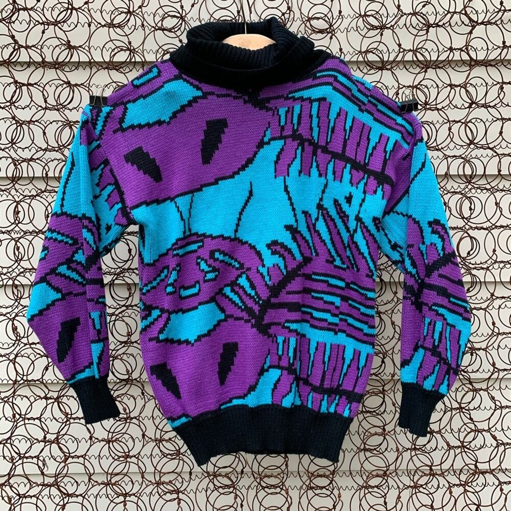 Vintage 90s funky ugly abstract geometric sweater purple teal mock neck